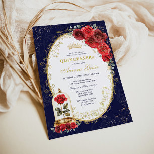 Navy Gold Quinceañera Enchanted Red Roses Party Invitation