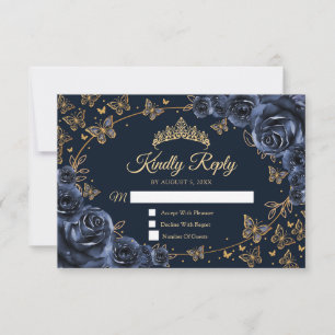 Navy Gold Quinceanera Reply RSVP Card
