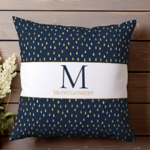 Navy Gold Raindrop Modern Trendy Monogram Cushion