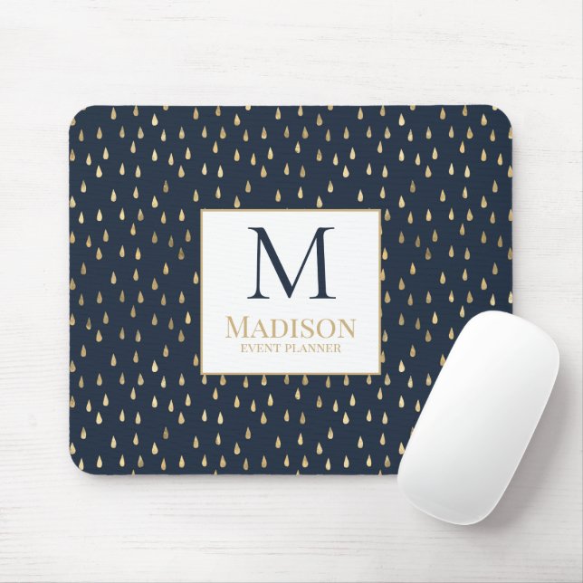 Navy Gold Raindrop Modern Trendy Monogram Mouse Pad (With Mouse)