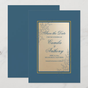 Navy Gold Rectangle Floral Boho Save The Date Invitation