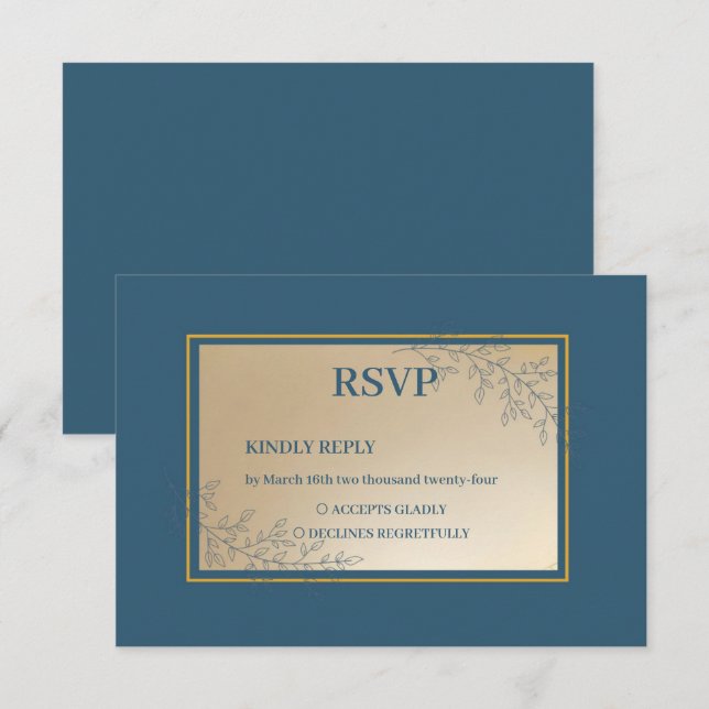 Navy Gold Rectangle Floral Boho Wedding RSVP Card (Front/Back)
