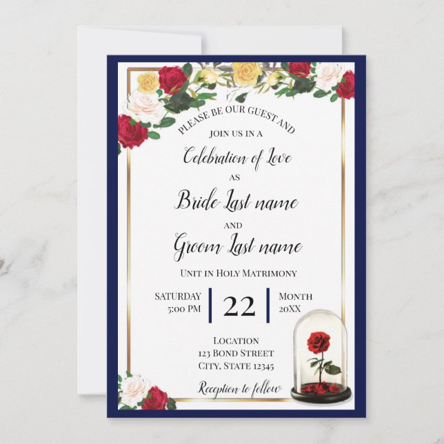 Navy, Gold, Red Rose Invitation (Front)