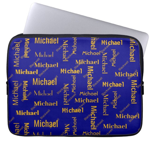  Navy & Gold Repeating First & Last Name Laptop Sleeve (Front)