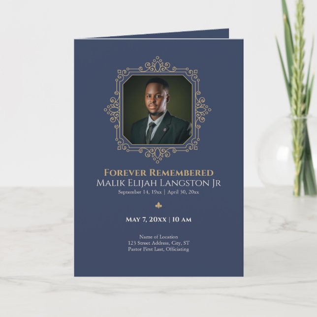 Navy & Gold Royal Theme Photo Funeral Program Invitation (Front)