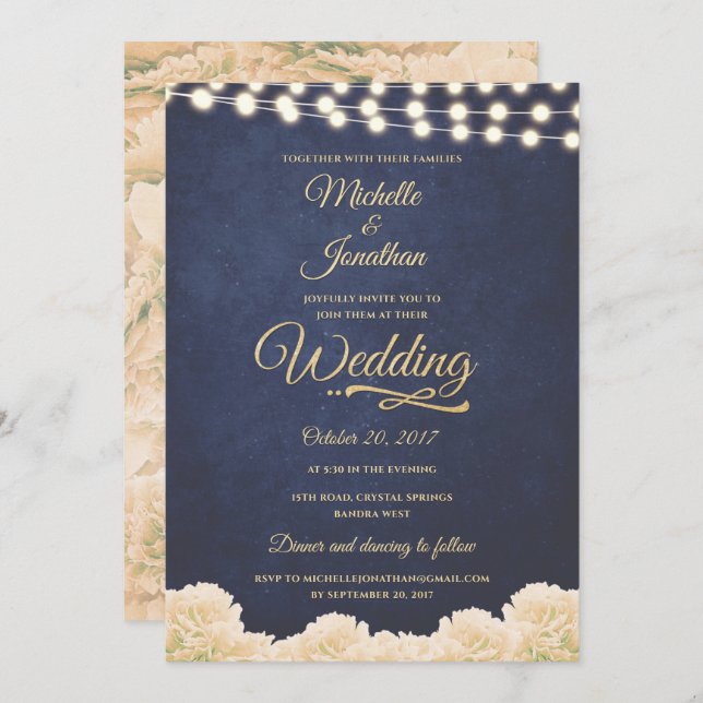Navy Gold Rustic Chic Floral String Lights Wedding Invitation (Front/Back)