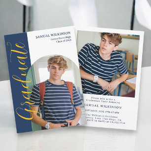 Navy Gold Script Graduate Photo Announcement Card