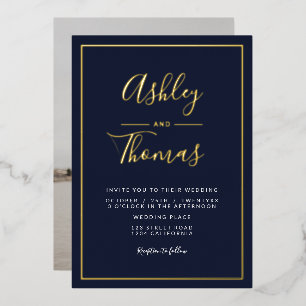 Navy gold script photo wedding geometric frame