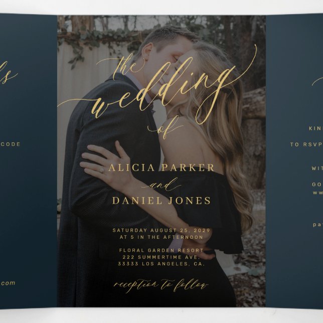 Navy gold script QR code RSVP photo wedding Tri-Fold Invitation (Inside Middle)
