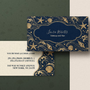 Navy Gold Seashell Ocean Waves Business Card