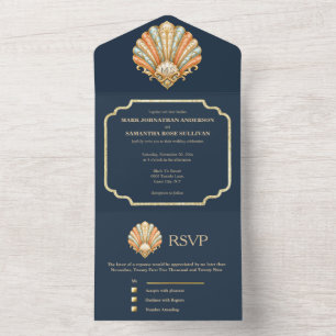 Navy Gold Seashell Wedding Card Coastal Luxury