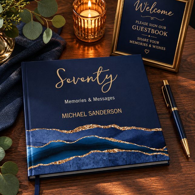 Navy Gold Seventy Memories Guestbook (Elegant navy and gold 70th birthday guestbook with luxe memory table styling.)