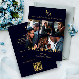 Navy & Gold Simple Classic 4 Multi Photos Collage Save The Date