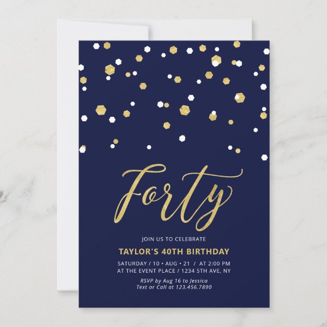 Navy & Gold Simple Forty 40th Birthday Party Invitation (Front)