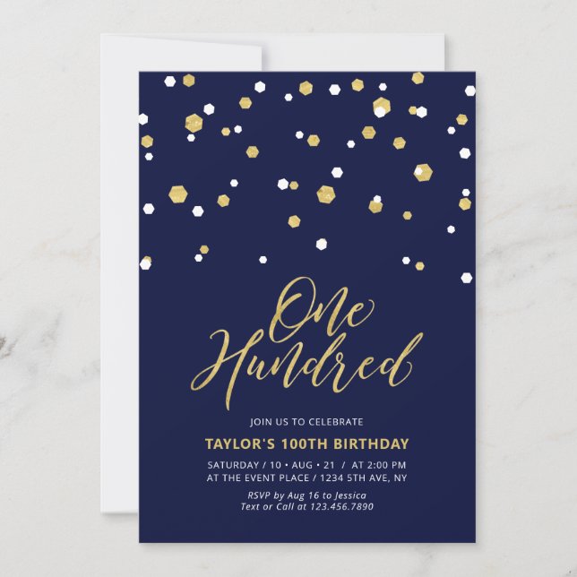 Navy & Gold Simple Hundred 100th Birthday Party Invitation (Front)