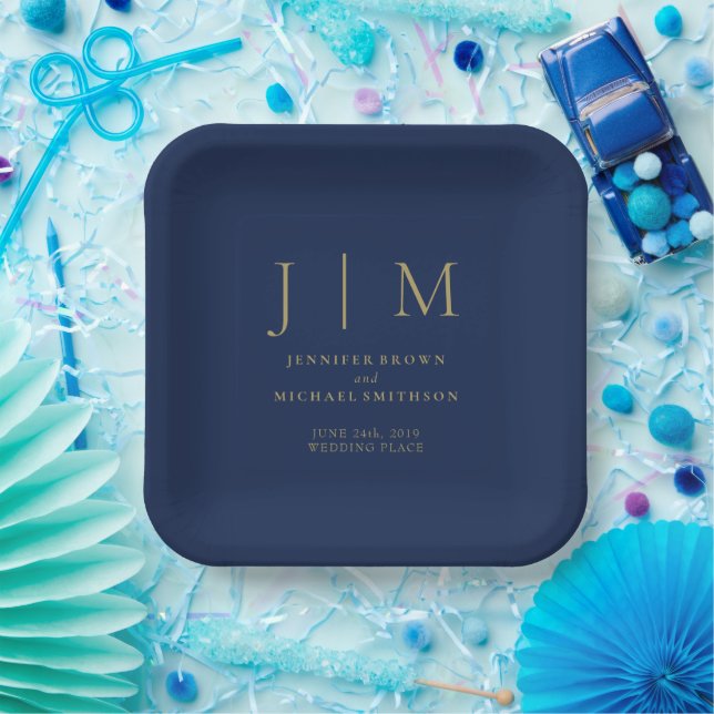 Navy Gold Simple Minimal Formal Modernist Paper Plate (Party)