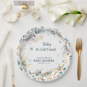 Navy Gold Snowflake Its Cold Outside Baby Shower Paper Plate