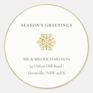 NAVY GOLD SNOWFLAKE LIGHT STRING GREETINGS ADDRESS CLASSIC ROUND STICKER