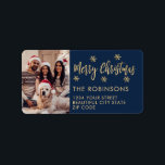 Navy Gold Snowflake Photo Christmas Return Address Label<br><div class="desc">Modern Navy and Gold Snowflake Photo Merry Christmas Script Holiday Christmas Return Address Labels. Features a „Merry Christmas” script,  one family photo,  snowflakes on navy blue background. Great for Christmas holiday season,  easy to personalise them with your names and return address info.</div>