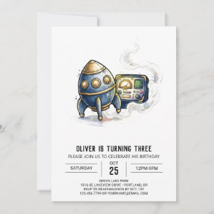 Navy Gold Space Rocket Birthday Invitation