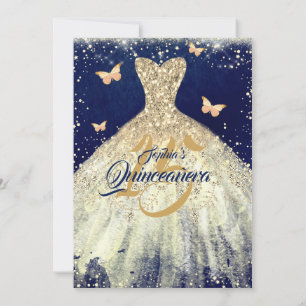 Navy Gold Sparkle Butterfly Dress Quinceanera Invitation