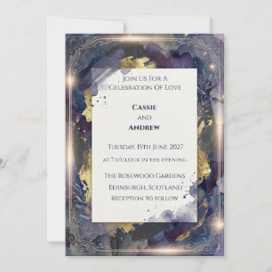 Navy Gold Sparkle Ornate Frame Wedding Invitation