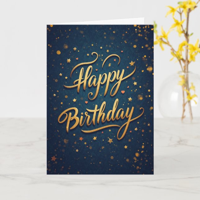 Navy Gold Stars Happy Birthday Card (Yellow Flower)