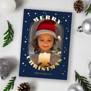 Navy Gold Stars Oblong Photo Merry Christmas