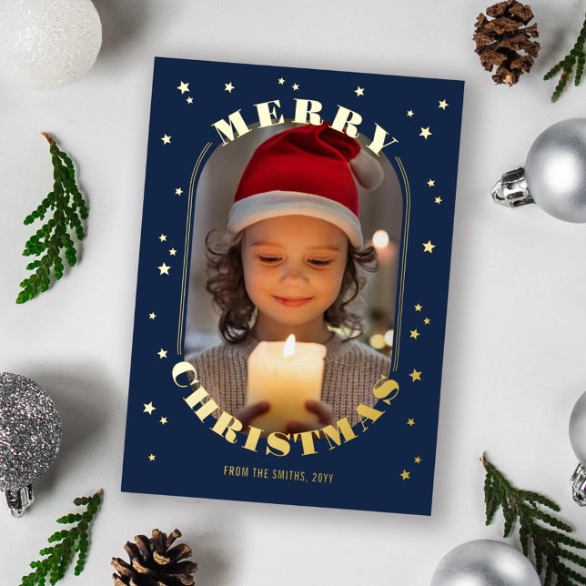 Navy Gold Stars Oblong Photo Merry Christmas (Creator Uploaded)