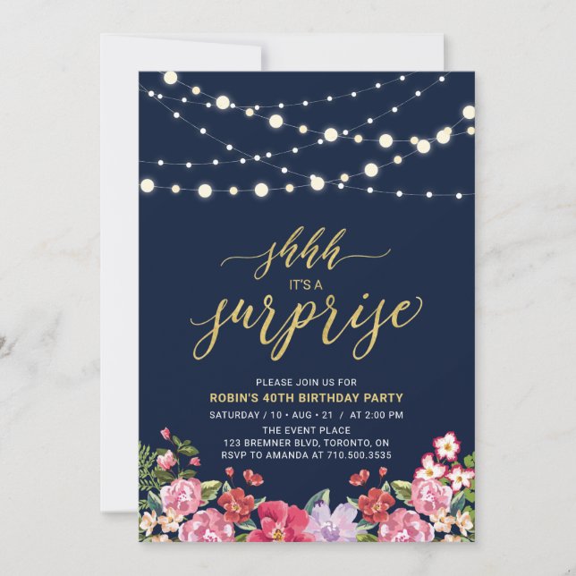 Navy & Gold String Lights Surprise Birthday Party Invitation (Front)