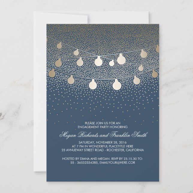 Navy Gold String Lights Vintage Engagement Party Invitation (Front)