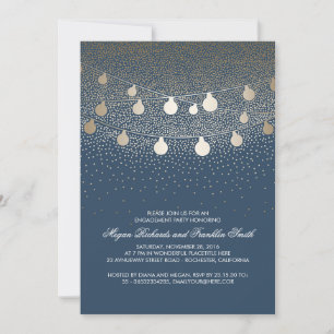 Navy Gold String Lights Vintage Engagement Party Invitation