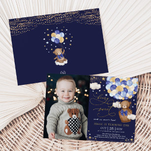 Navy Gold Teddy Bear Hot Air Balloon 1st Birthday Invitation