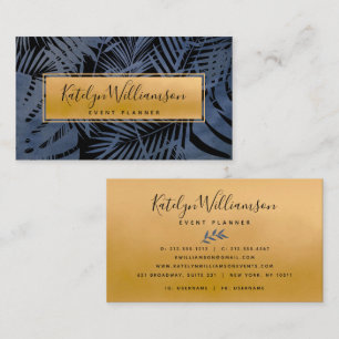Navy gold tropical palm elegant script modern bold business card