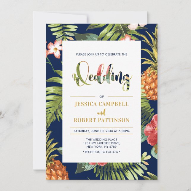 Navy & Gold | Tropical Summer Wedding Invitation (Front)