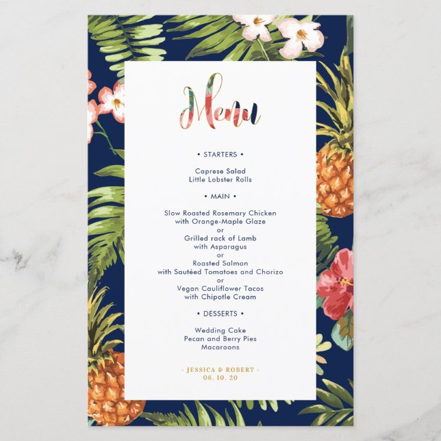 Navy & Gold | Tropical Summer Wedding Menu Card (Front)
