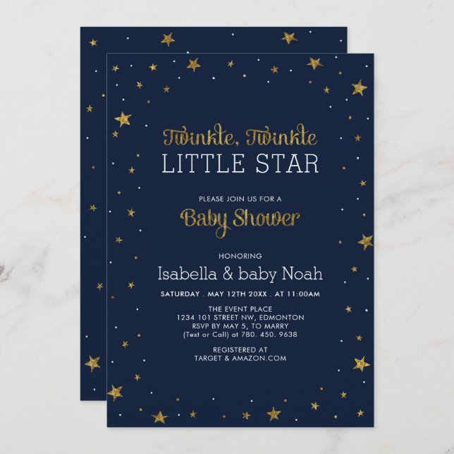 Navy & Gold | Twinkle Little Star Baby Shower Invitation (Front/Back)