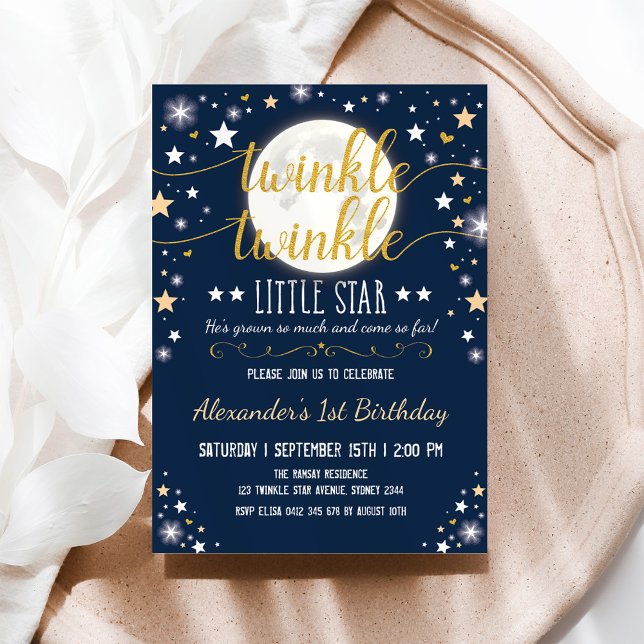 Navy Gold Twinkle Little Star Moon 1st Birthday Invitation (Creator Uploaded)