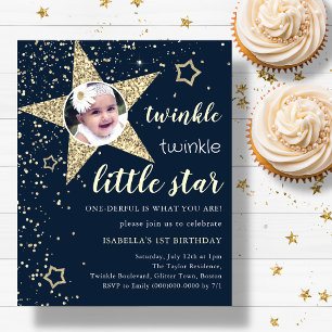 Navy & Gold Twinkle Star 1st Birthday Invitation