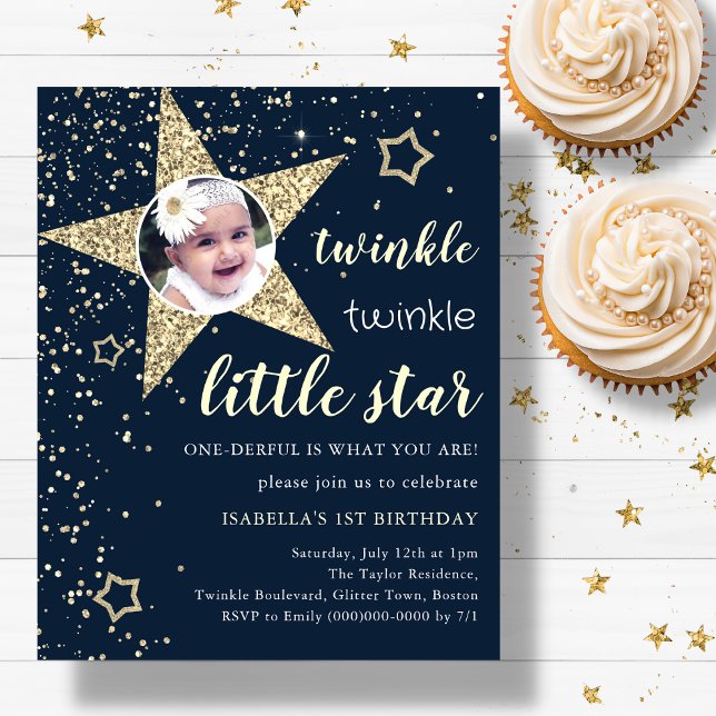 Navy & Gold Twinkle Star 1st Birthday Invitation (Creator Uploaded)