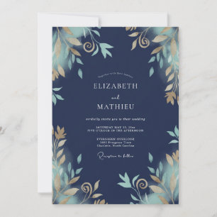 Navy Gold Vine Wedding Invitation