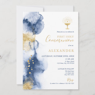 Navy & Gold Watercolor Boy First Communion Invitation