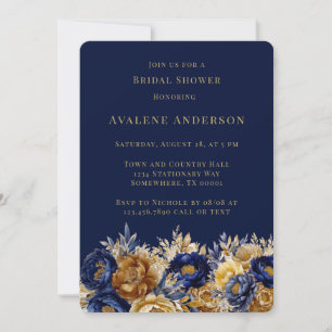 Navy Gold Watercolor Peony Bridal Shower Invitation