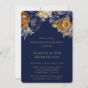 Navy Gold Watercolor Peony Bridesmaids Luncheon Invitation