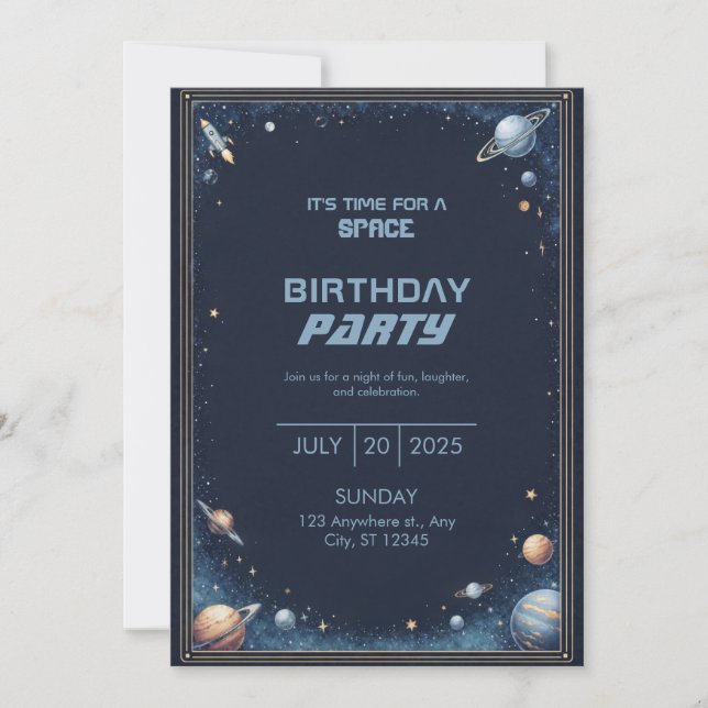 Navy Gold Watercolor Rocket Planet Border Birthday Invitation (Front)