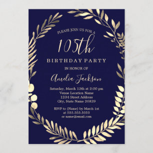 Navy Gold Watercolor Wreath 105th Birthday Invitation