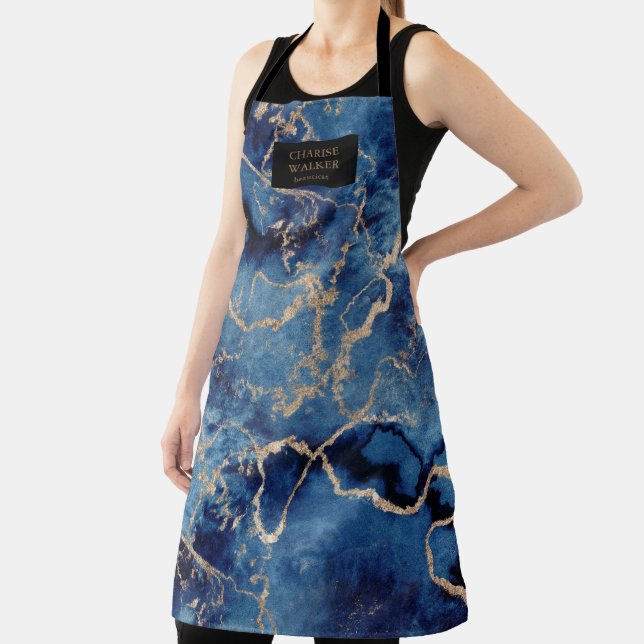 Navy Gold Waves Beautician Salon Monogram Apron (Insitu)