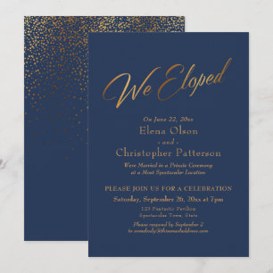 Navy & Gold We Eloped Script Confetti Reception Invitation