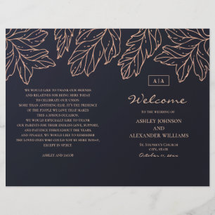 Navy gold wedding program folded. Blue botanical