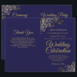 Navy & Gold Wedding Program Invitation Combo<br><div class="desc">This combination wedding invitation and program features an elegant navy blue and gold design with delicate faux foil curls and swirls in the corners. The front features the invitation, while the inside has the ceremony and bridal party details. The back has space for a thank you note. PLEASE NOTE: These...</div>